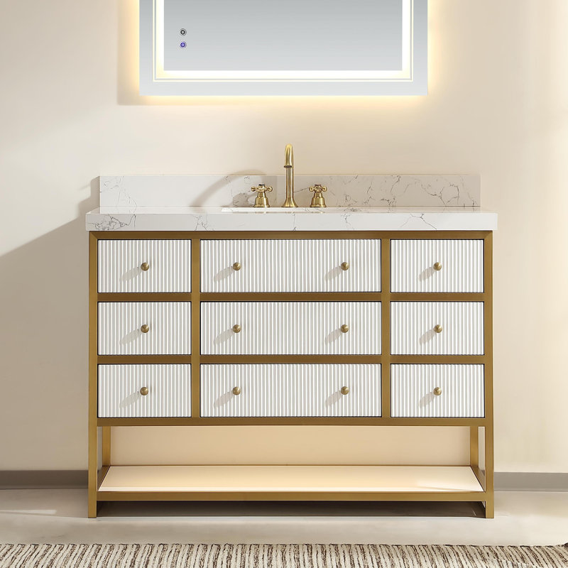 Celestia 48" Modern Freestanding Single Bathroom Vanity with LED Light, Fluted Drawers & Stone Countertop in White with Gold Frame