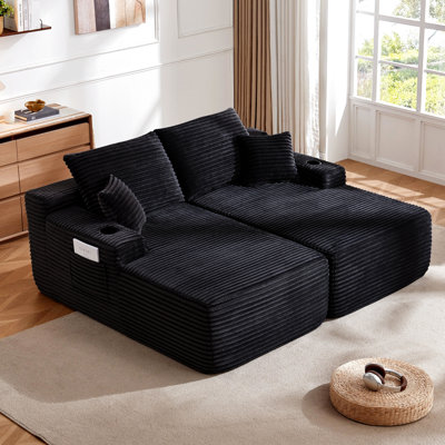 Canapé d'angle 2 places 175 cm (69 po) en tissu noir, double méridienne et rembourrage à ressorts pour salon moderne, prêt à l'emploi, aucun assemblage requis.