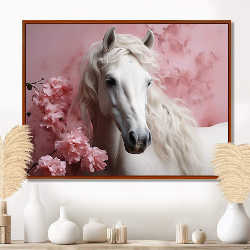 Cheval rose blanc doux beauté - art mural cheval, H 24 po x l 32 po x P 1 po, Cadre flottant brun
