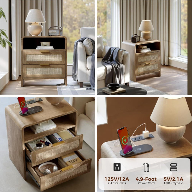 Table de chevet en rotin avec station de charge, 2 tiroirs et tablette ouverte, table de chevet avec USB, prises de courant de type C et CA pour la chambre à coucher ou le salon