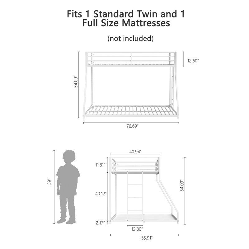 Ashaiya Standard Metal Bunk Bed, White, Twin Over Full
