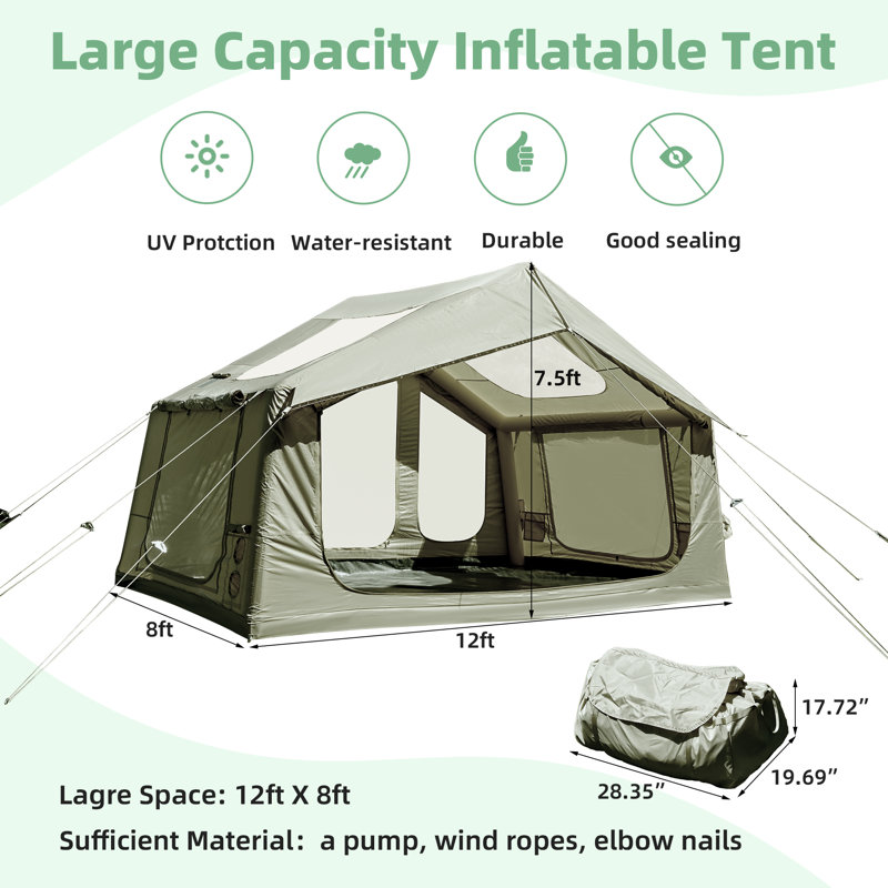 Tente de camping gonflable 8 x 12 pi - tente pneumatique 4 saisons avec ouverture de cheminée et lanterneau, hauteur de 7,5 pi, Oxford 300D imperméable, installation instantanée pour camping en famille Glamping Hot