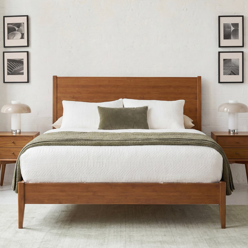 Structure de lit plateforme en bois de bambou massif de style Mid-Century moderne avec lattes de bois et support en métal, aucun sommier requis, assemblage facile