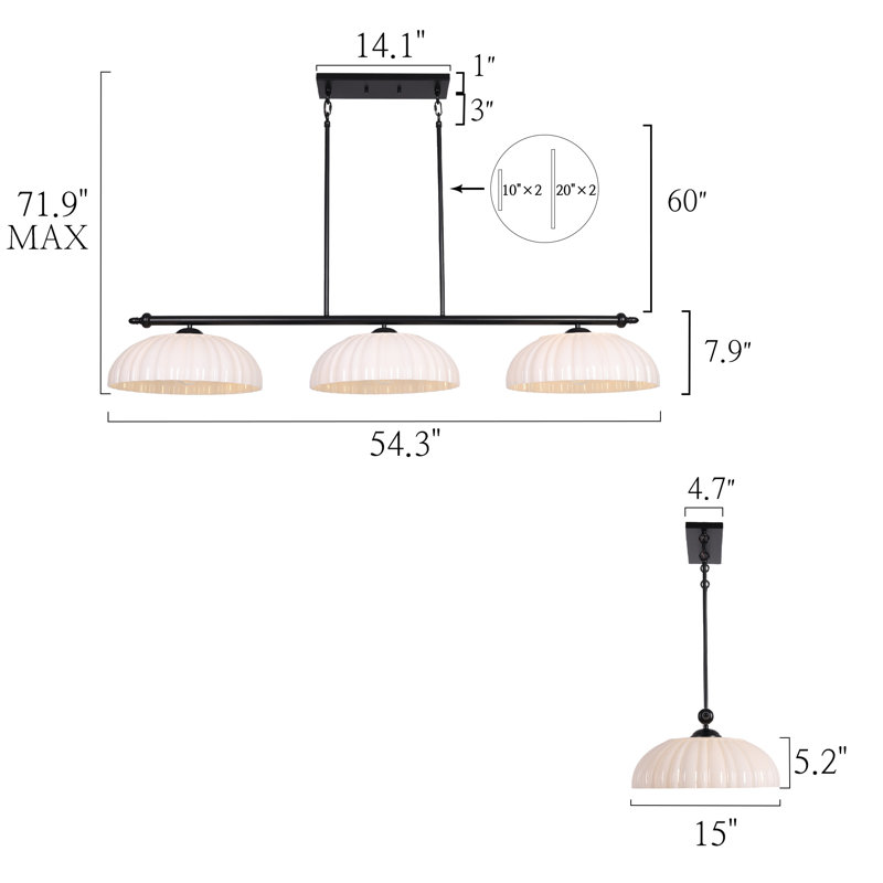 Luminaire suspendu en verre laiteux à 3 lumières à intensité variable pour cuisine