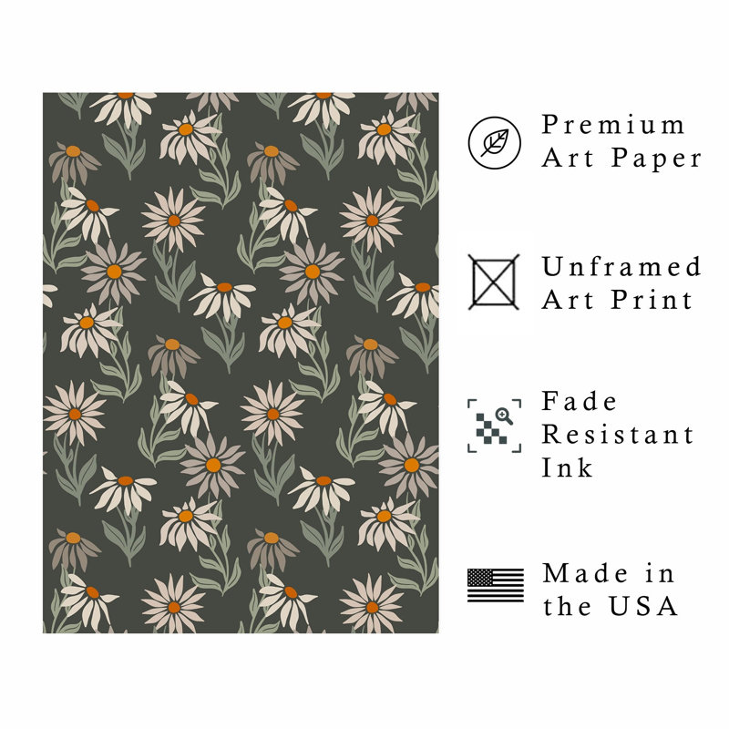 Motif floral rétro de marguerites non encadrées, H 7 po x l 5 po