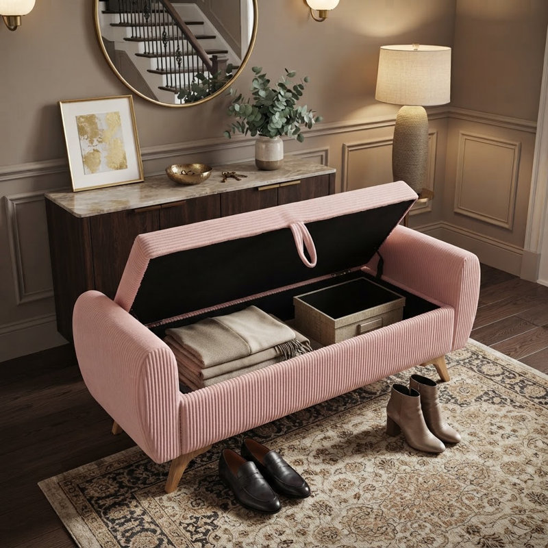 Banc de rangement moderne en velours côtelé de 145 cm avec pieds en bois, banc de chevet