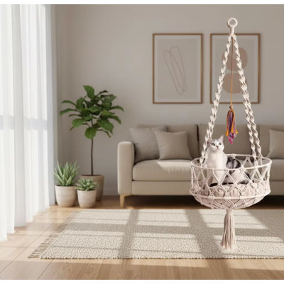 Hamac pour chat Macrame, lit pour chat suspendu avec coussin Boho, balançoire à pampilles en coton tissé à la main pour la décoration intérieure et extérieure