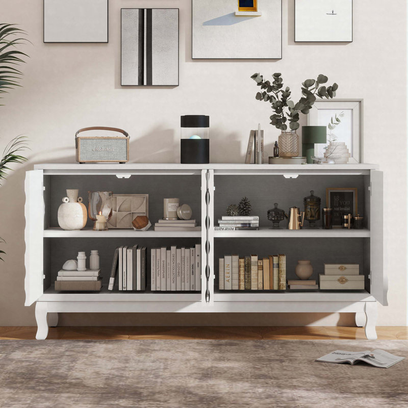 Elegant 4-Door Sideboard With Wavy Pattern Doors, Natural Wood Veneer, Adjustable Storage And Rebound Opening Design, Modern Accent Buffet For Living Room Or Entryway
