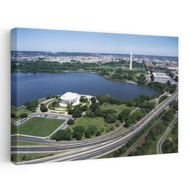 Aerial View Of A Building Near A River Jefferson Memorial Washington DC USA by Mark Segal - Wrapped Canvas Print