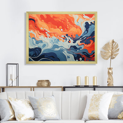 Encre liquide bleue et orange «Waves I» - art mural abstrait à encre liquide
