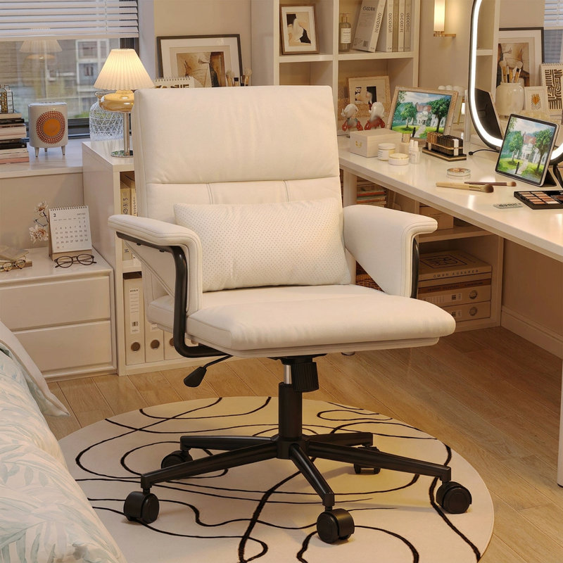 Mid-Back Office Chair with Lumbar Pillow – Adjustable Recline Task Chair, Faux Leather Upholstery for Home & Office, Beige