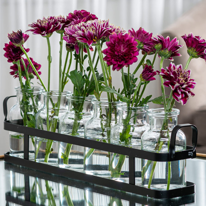 Vase à fleurs en verre 6 pièces avec support en métal