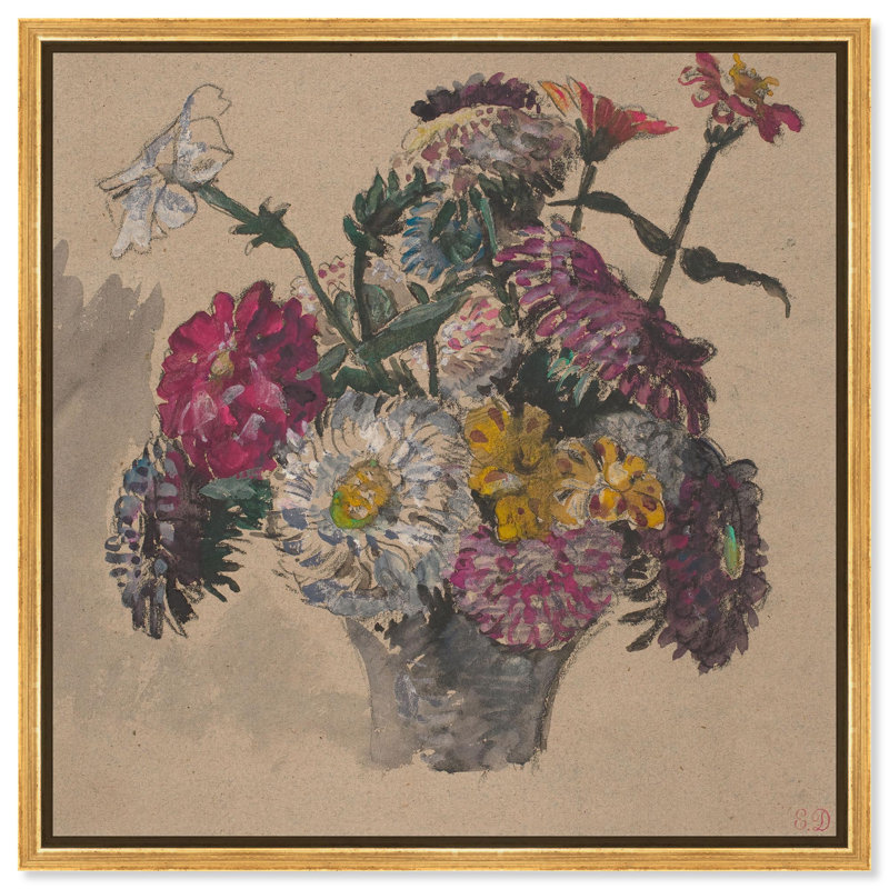 Panier de fleurs, art floral rétro par Art Remedy, H 13 po x l 13 po, Cadre flottant doré