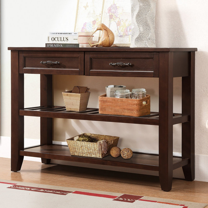 42" Console Sofa With 2 Drawers and 2 Shelves, Farmhouse Entryway Table, Modern Sofa Table with Solid Wood Frame for Home Office Hallway