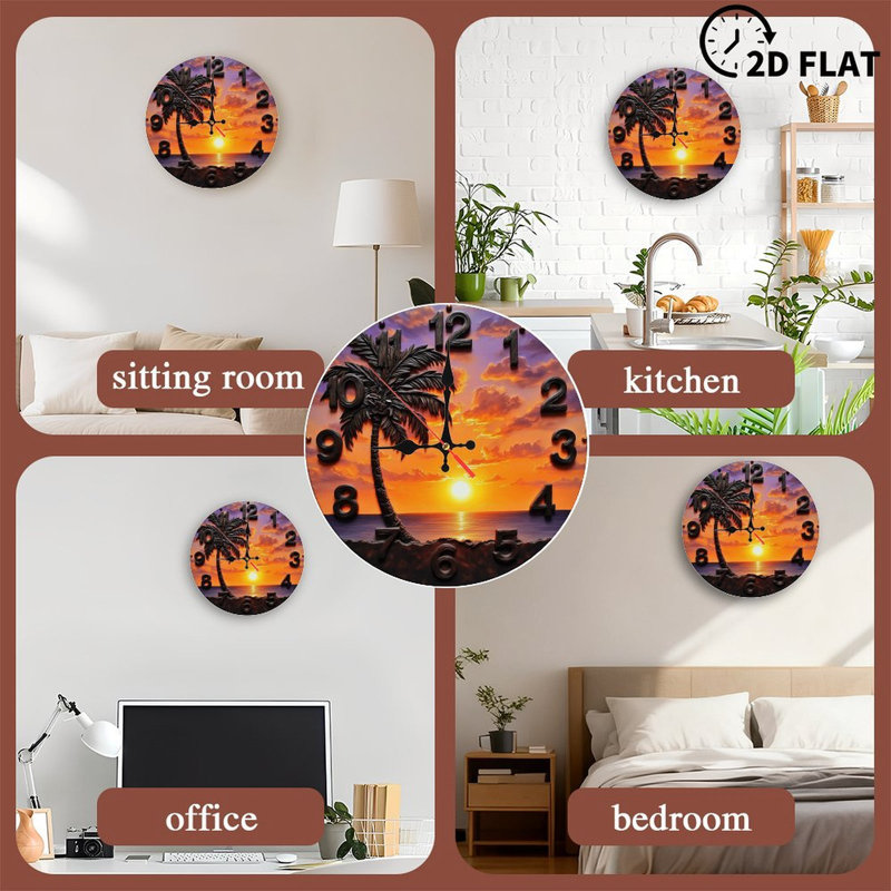 Sunset Palm Tree Beach Ocean Wall Clock