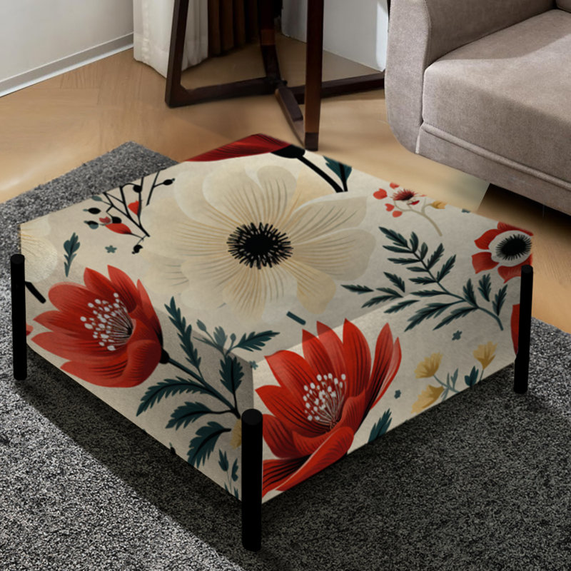 Motif floral rétro rouge et beige - Grand repose-pieds carré floral