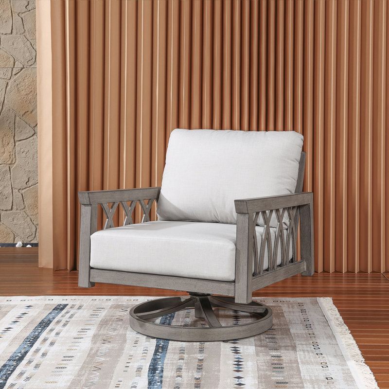 Outdoor Aluminum Swivel Chair with Deep Seating Cushion and Open Frame Design, 360° Rotating Patio Lounge Chair for Deck, Porch and Garden, Limed Oak