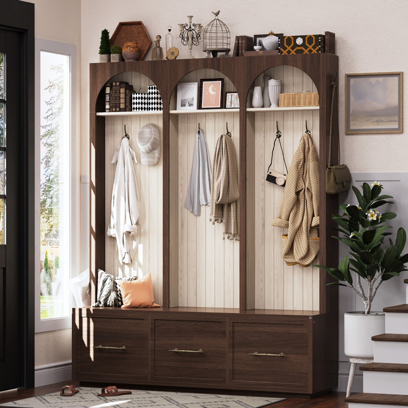 Farmhouse Hall Tree With Bench And 3 Drawers Storage, Walnut