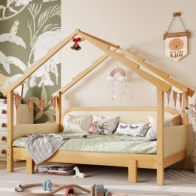 Lit en bois dans une cabane avec rails à coussins moelleux, pour enfants, adolescents, filles, garçons, Blanc