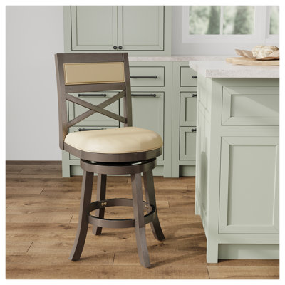 24 Inch Counter Height Swivel Bar Stool with X-Back Design, Weathered Gray Finish and French Gray Bonded Leather Seat - Kitchen & Dining Stool
