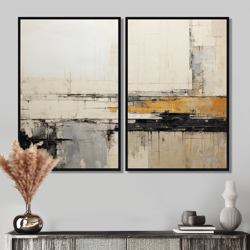 Abstrait noir et beige, collage sur route - art mural moderne beige, Black, 36" H x 48" W, Impression encadrée flottante