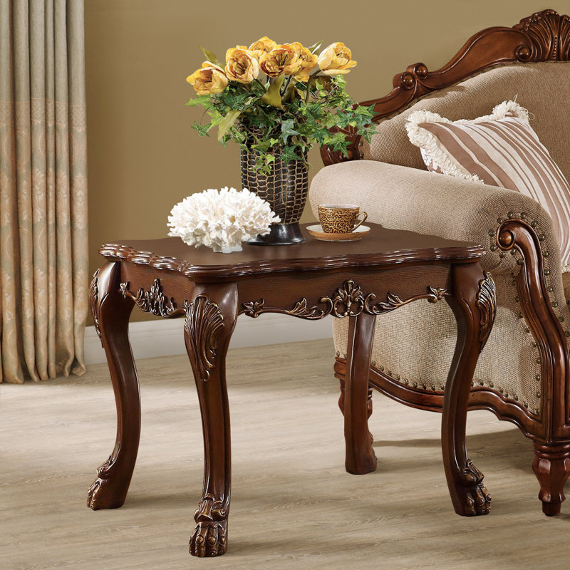 Keitha Transitional Square End Table with Wooden Scalloped Top & Apron, Cherry Oak