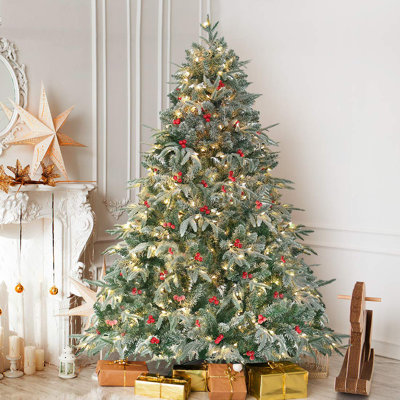  Arbre de Noël artificiel pré-éclairé enneigé 6 pi avec 450 lumières claires baies rouges pour bureau à domicile