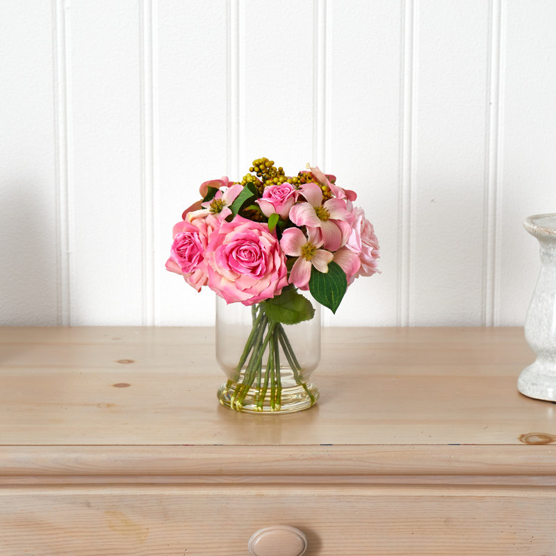 10-Inch Pink Rose and Berry Glass Vase Arrangement