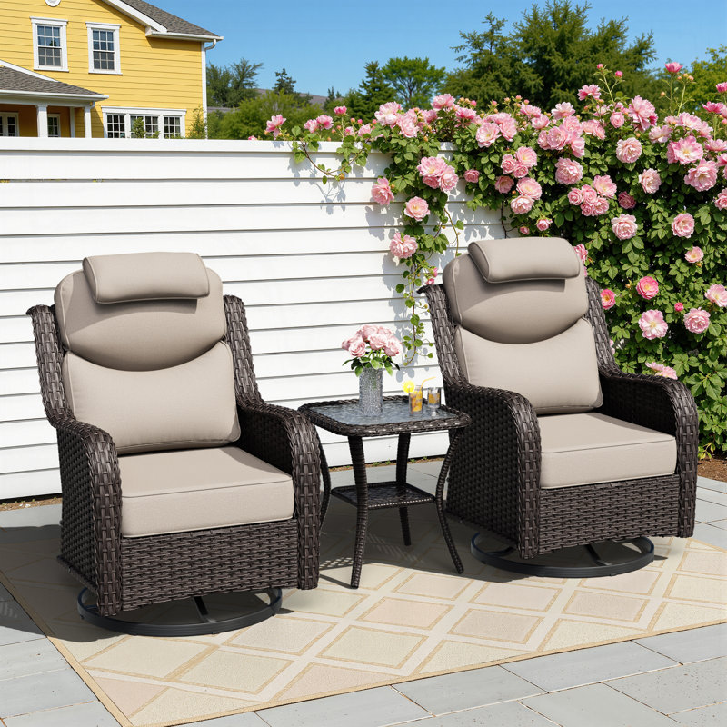 Adcox 2-Person Outdoor Patio Conversation Rattan Sets  With Side Table,Neck & Lumbar Pillows 2 Swivel Chairs and Beige Cushions