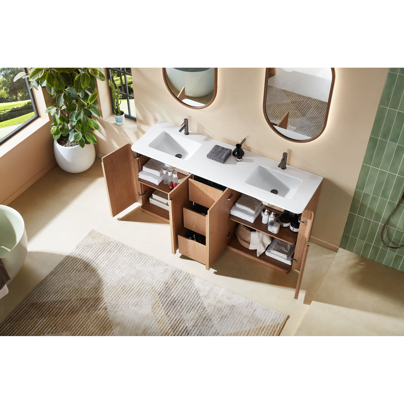 Greely 72" Oak Double Bathroom Vanity, Natural Teak
