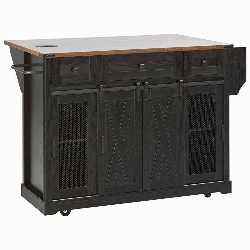 58" Farmhouse Kitchen Island With Storage, Sliding Barn Door & Metal Grid Side Door, Rolling Kitchen Island On 5 Wheels With Spice Rack, Glass Holders,Island Table With Drop Leaf For Kitchen
