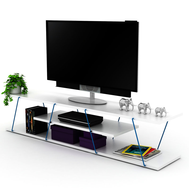 White Mid Century Modern Entertainment Table, 56 Inch With 4 Shelves Open Storage 4-Shelf Tv Stand, Centre, White/Gold