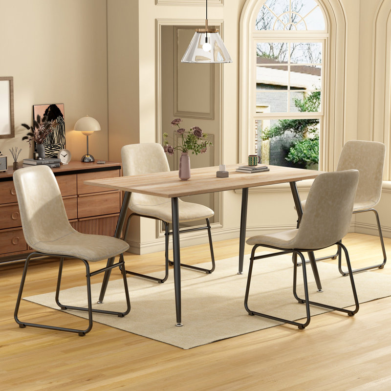 Ensemble de salle à manger 5 pièces avec plateau rectangulaire en bois et 4 chaises d'appoint rembourrées, Brun, Naturel