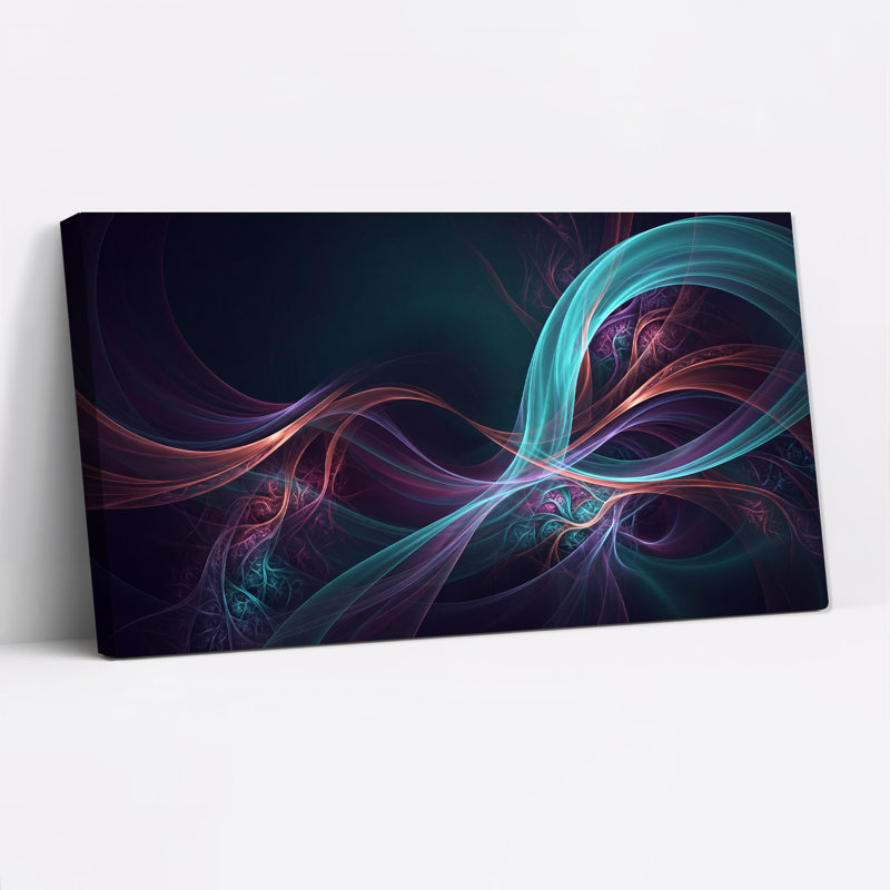 Art sur toile, rubans tourbillonnants bleu sarcelle et mauve sur fond sombre, L 46 po x H 24 po