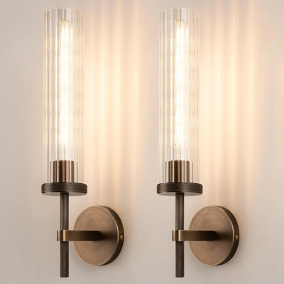 Brass Wall Sconces Set Of 2 With Vertical Striped Glass Tube, Modern Bronze Bathroom Vanity Light Fixtures For Bedroom, Living Room, Hallway, Staircase, Mirror, Kitchen