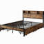 Lit plateforme en métal avec rangement, grand lit, tête de lit en bois, station de charge, sans sommier et cadre en bois, grand lit, 4 tiroirs, base de tête de lit