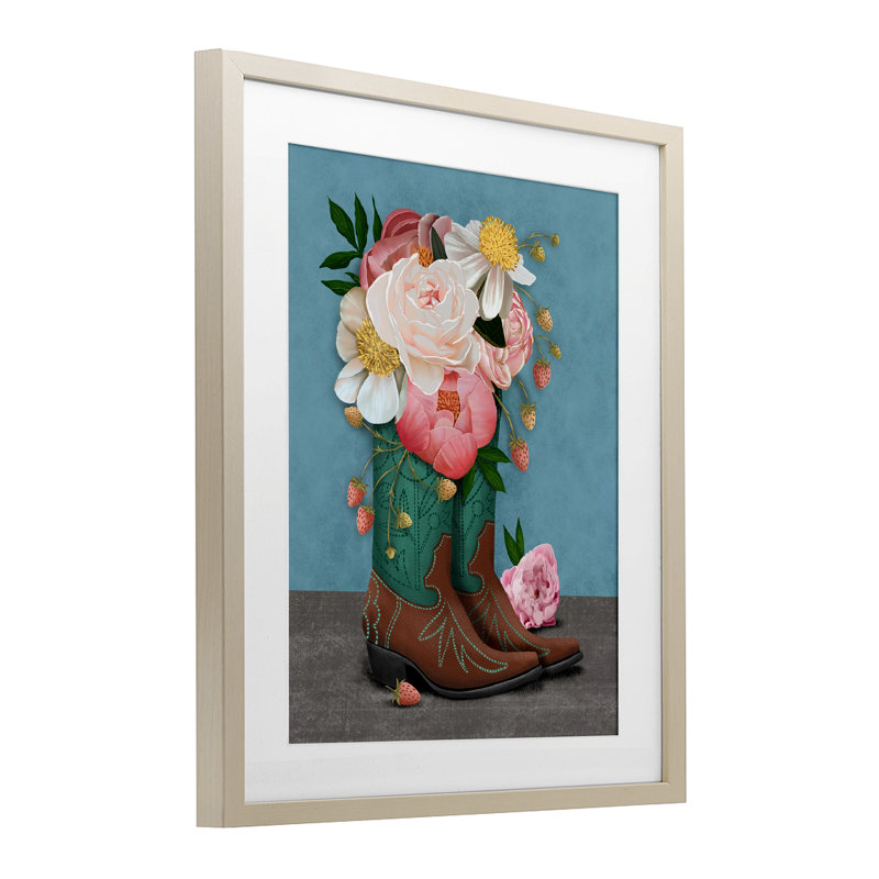 Reproduction sous verre encadrée de Western bottes & pivoines, design par Jilly Jack Designs, H 16 po x l 13 po