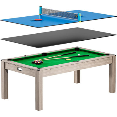 Table de billard 7-en-1 3 en 1 avec plateau de salle à manger et tennis de table, finition grain de bois avec accents chromés, accessoires complets inclus