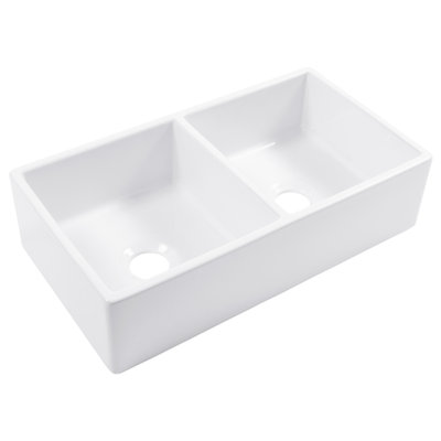 Turner Crisp White Fireclay 33"" Double Bowl Farmhouse Apron Front Undermount Kitchen Sink -  Sinkology, SK405-33FC-SS