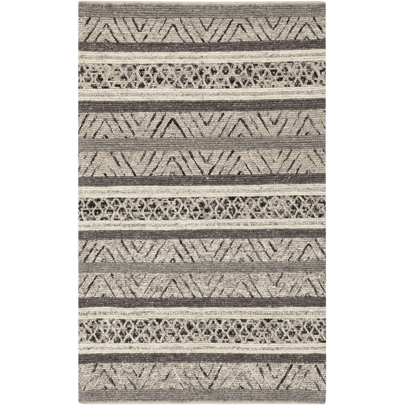 Tapis gris/ivoire à rayures fait main à tissage plat poils longs Lloyd, Rectangle 5 pi x 7 pi 6 po
