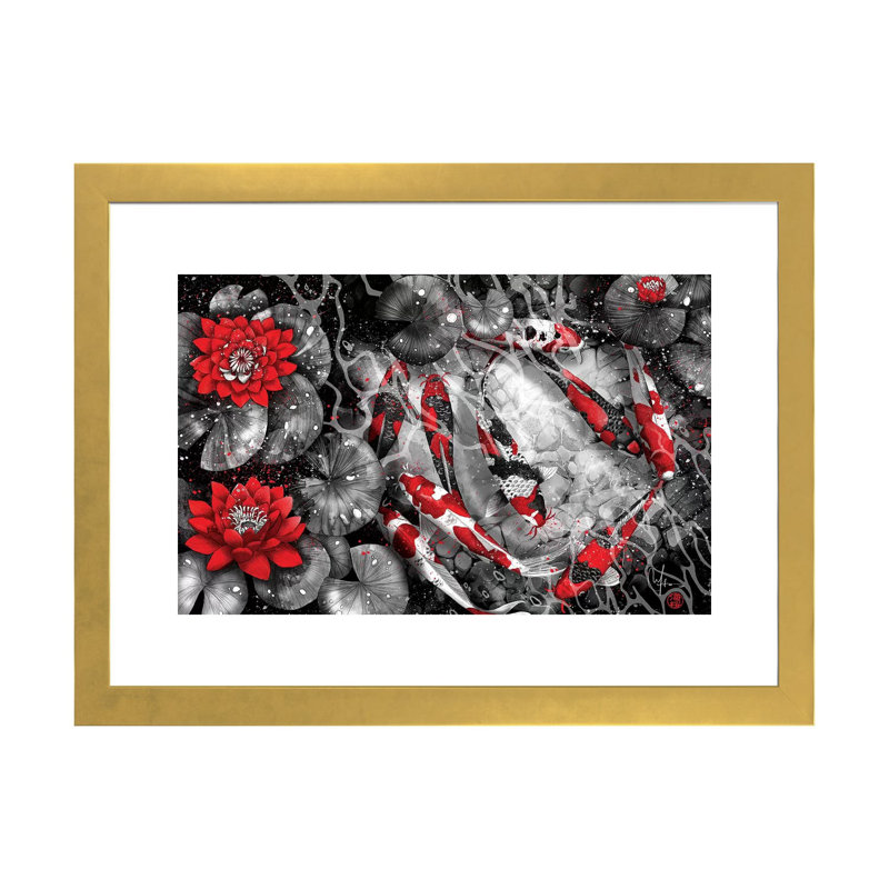 " 9 Kois " by Marine Loup, White, Gold Framed Paper, 24" H x 32" W x 1" D