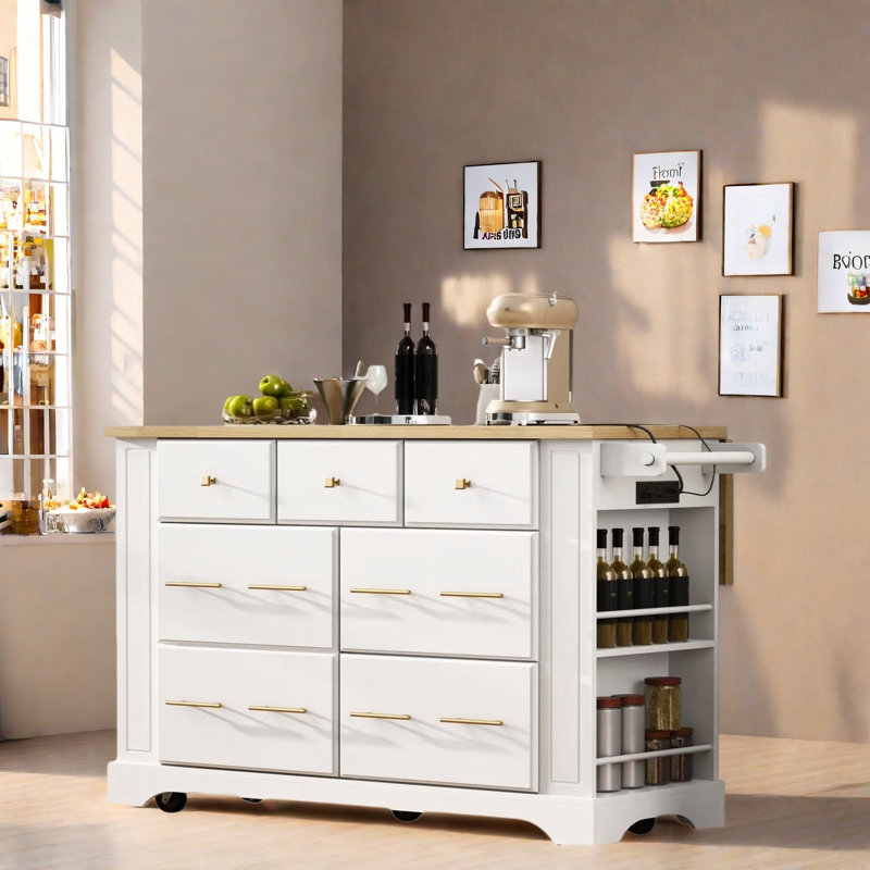Littrell 51.2‘’W Kitchen Island With 6 Drawers, White