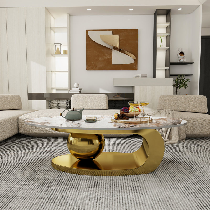 Table basse en marbre texturé pour le salon, table basse ovale moderne, 15.8" H x 49.2" W x 27.6" D, Duplicata doré