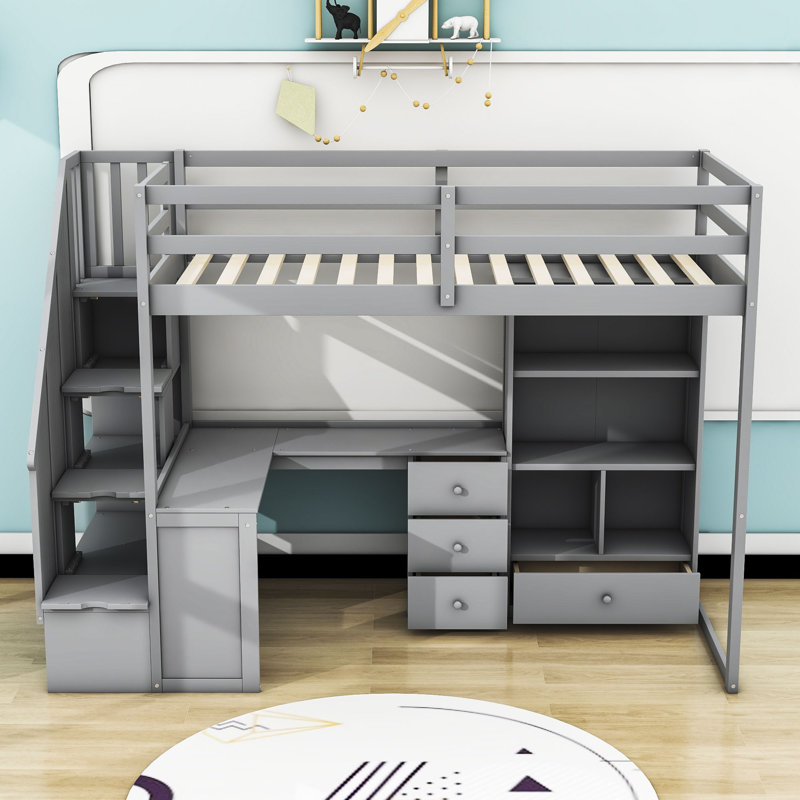 Hadasa Kids Twin Loft Bed with Drawers, Gray
