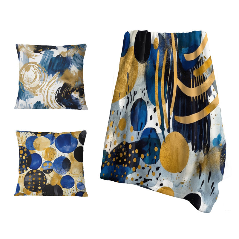 Motif abstrait avec textures bleues et dorées - ensemble de coussins géométriques abstraits et oreillers