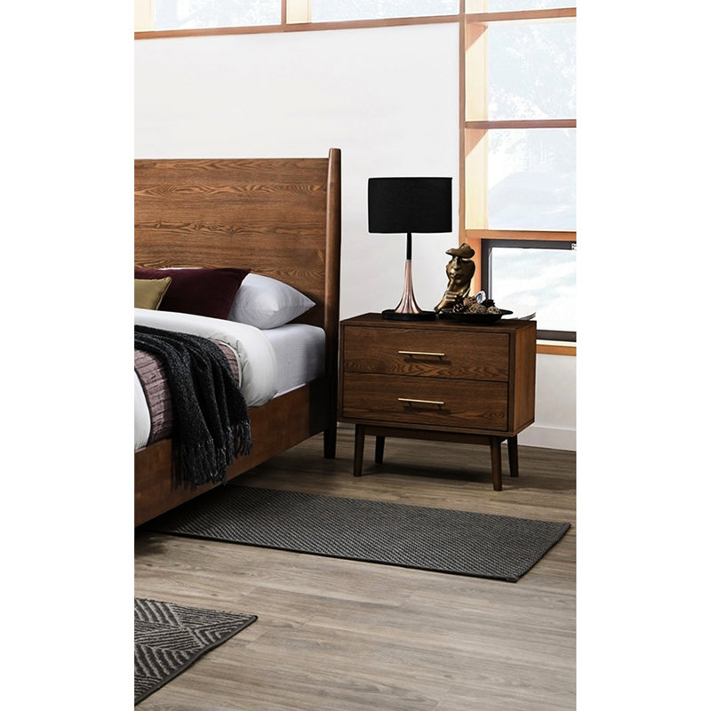 Table de chevet en bois de noyer massif avec 2 tiroirs, pieds fuselés ronds, poignées en nickel et table de chevet à tiroirs de style Mid-Century moderne facile à assembler pour la chambre à coucher