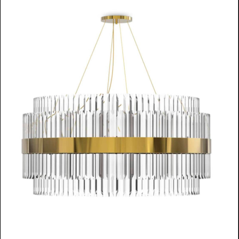 Lustre tambour 20 lumières avec détails en cristal, Transparent, Finition thermolaquée bronze