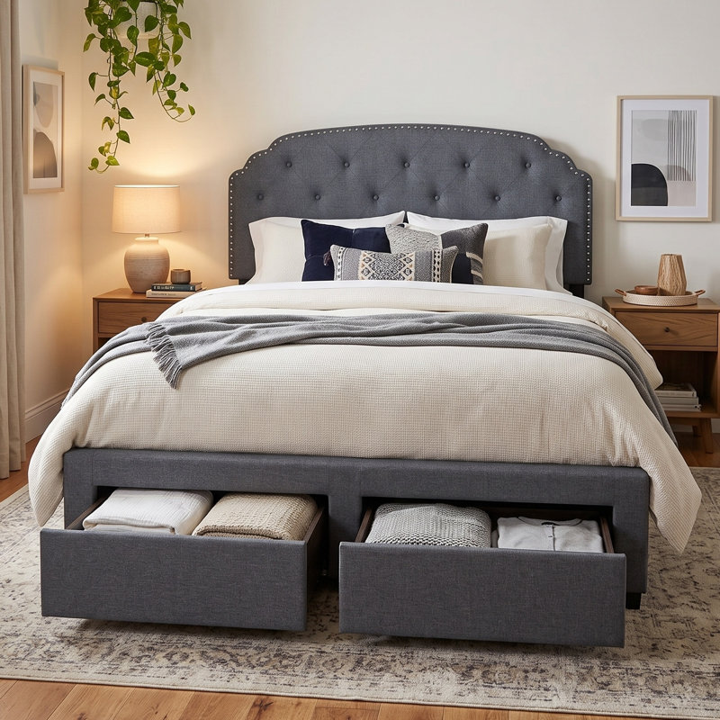 Ayotte Upholstered Standard Bed with Drawers, Queen, Dark Gray