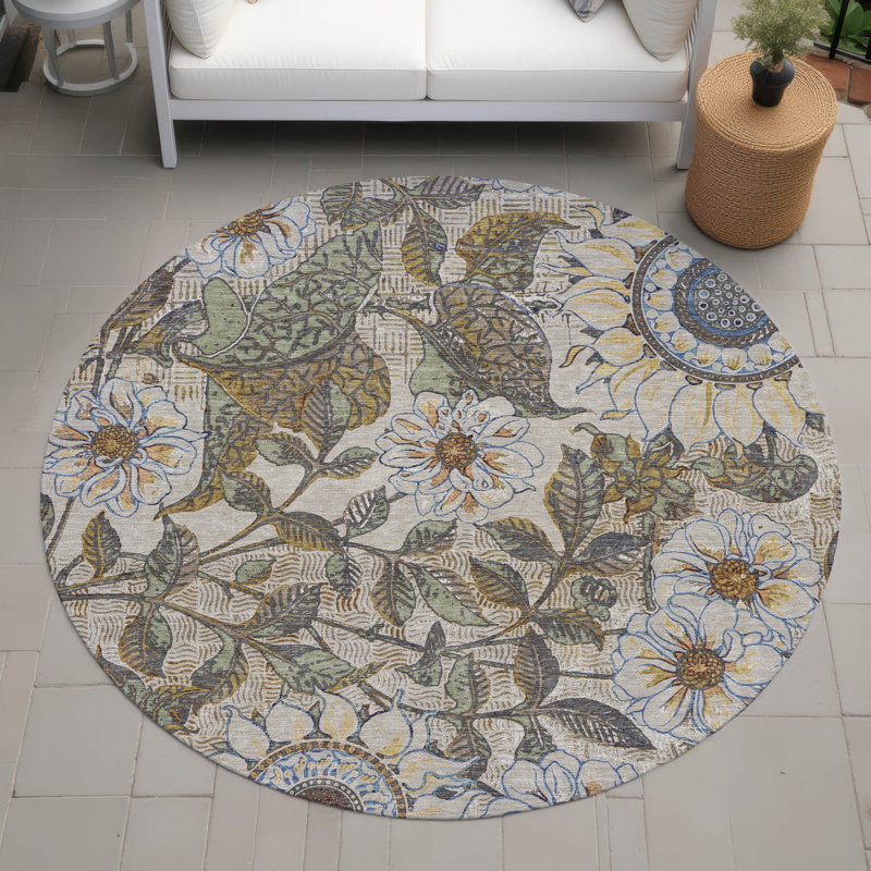 Tapis floral intérieur / extérieur lavable à la machine Chantille ACN2774, Beige, Rond 8 pi