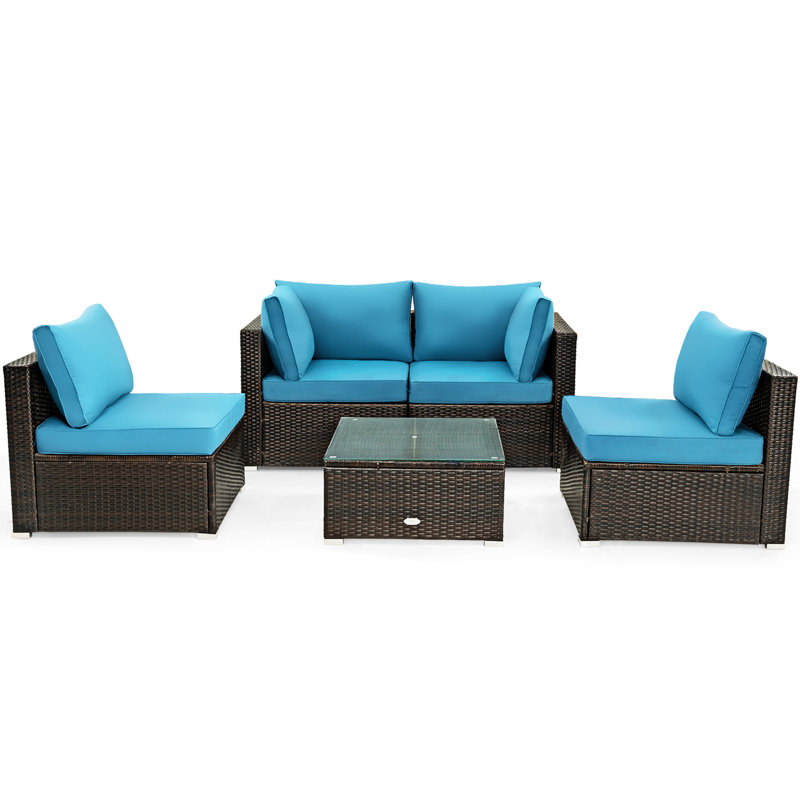 Rattan Sectional Seating Group with Cushions, Turquoise